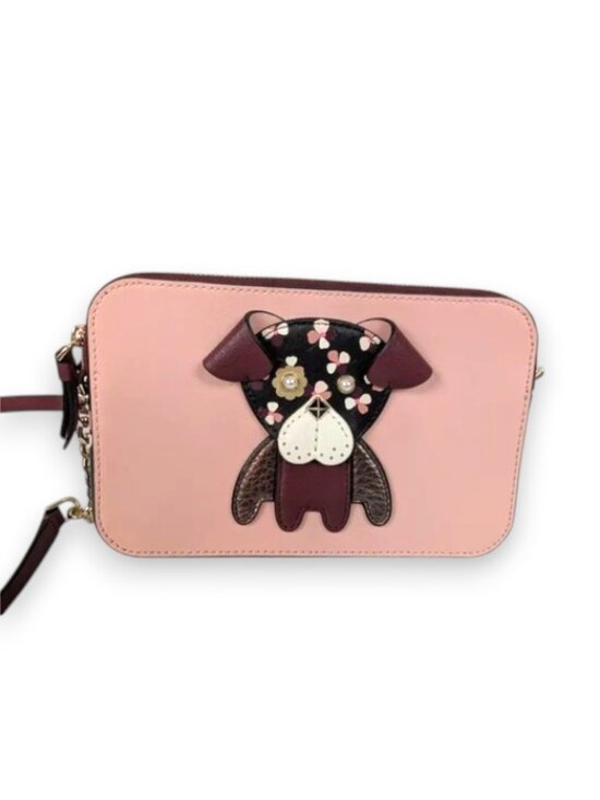 Kate Spade Floral Bulldog Pup Cherrywood Zip Crossbody Novelty Retired NWOT